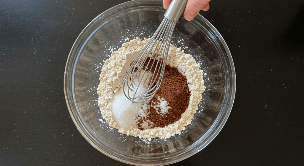 A mixing bowl filled with flour, cocoa powder, sugar, baking soda, baking powder, and salt being whisked together.