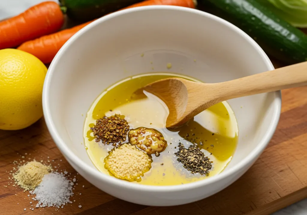 Whisking olive oil, lemon juice, apple cider vinegar, Dijon mustard, and honey in a small bowl for a homemade dressing.