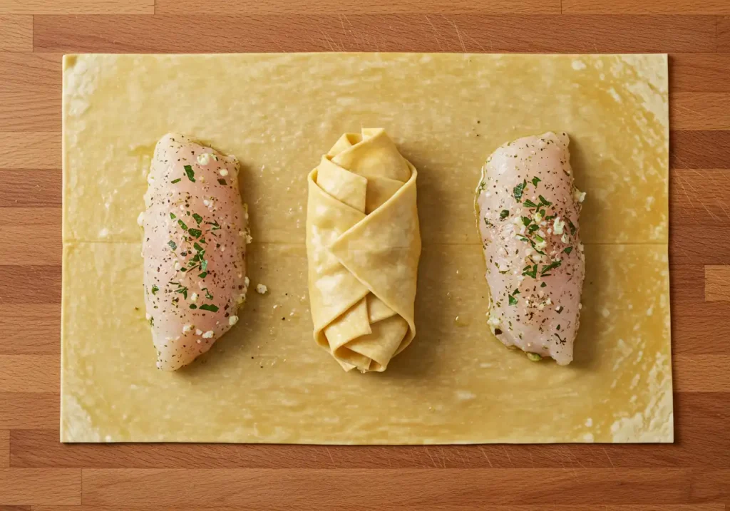 A seasoned fish fillet placed in the center of a buttered filo sheet, ready to be wrapped with fresh herbs and veggies.