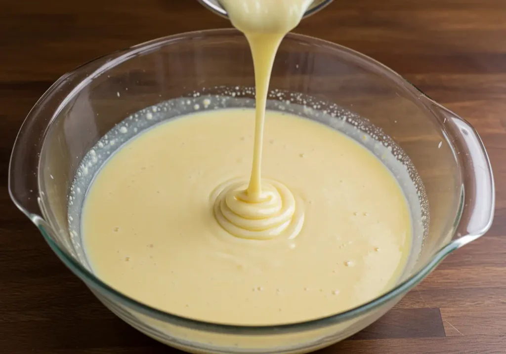 A mixing bowl filled with smooth pancake batter, ready to be cooked into golden, fluffy pancakes.