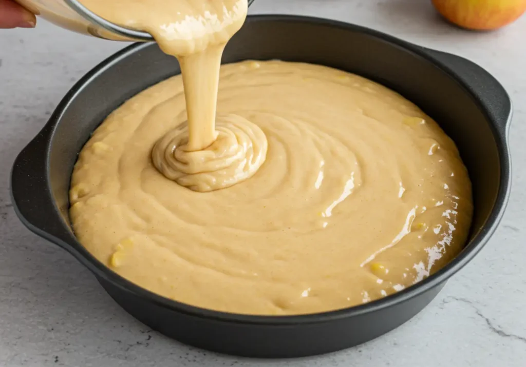 A baking pan filled with smooth applesauce cake batter being placed into the oven, ready to bake.