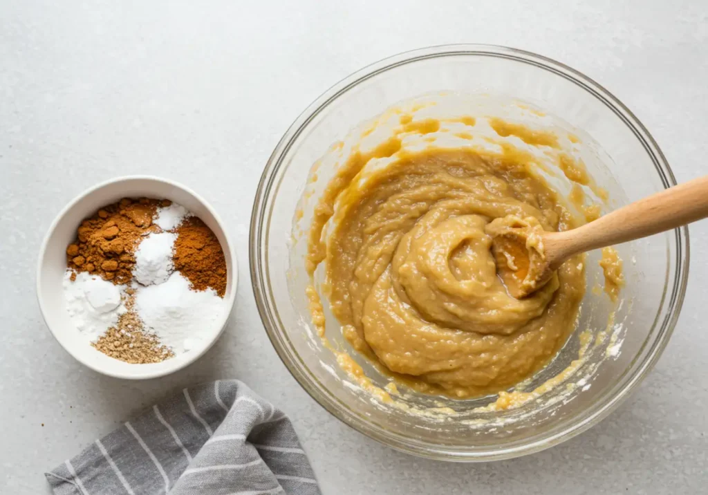 A mixing bowl with dry ingredients like flour and spices on one side, and a separate bowl with applesauce, sugar, and eggs on the other, ready to be combined.