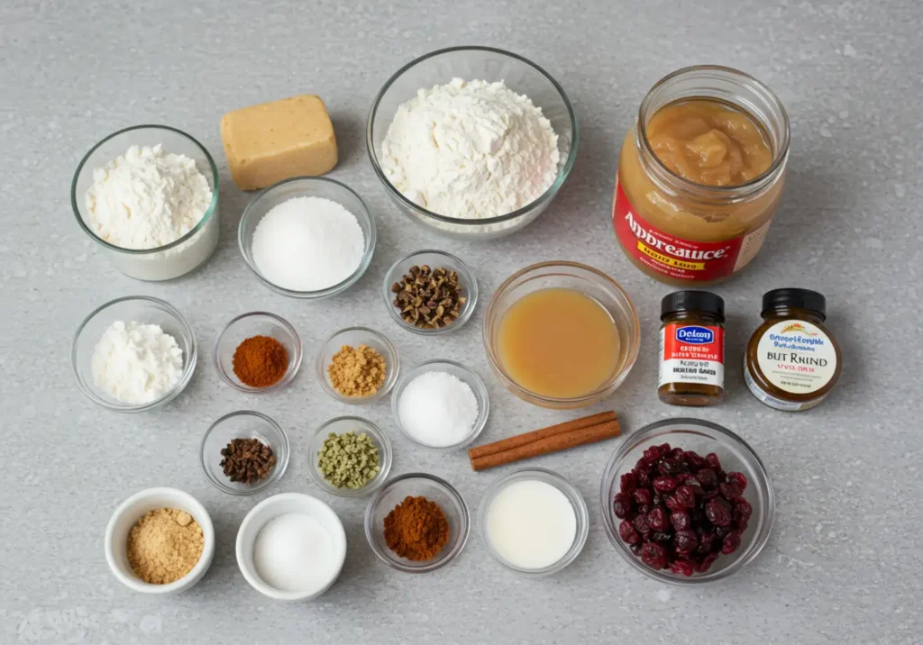 A flat lay of ingredients for applesauce cake, including flour, sugar, baking soda, cinnamon, nutmeg, cloves, applesauce, and optional mix-ins like raisins and walnuts.