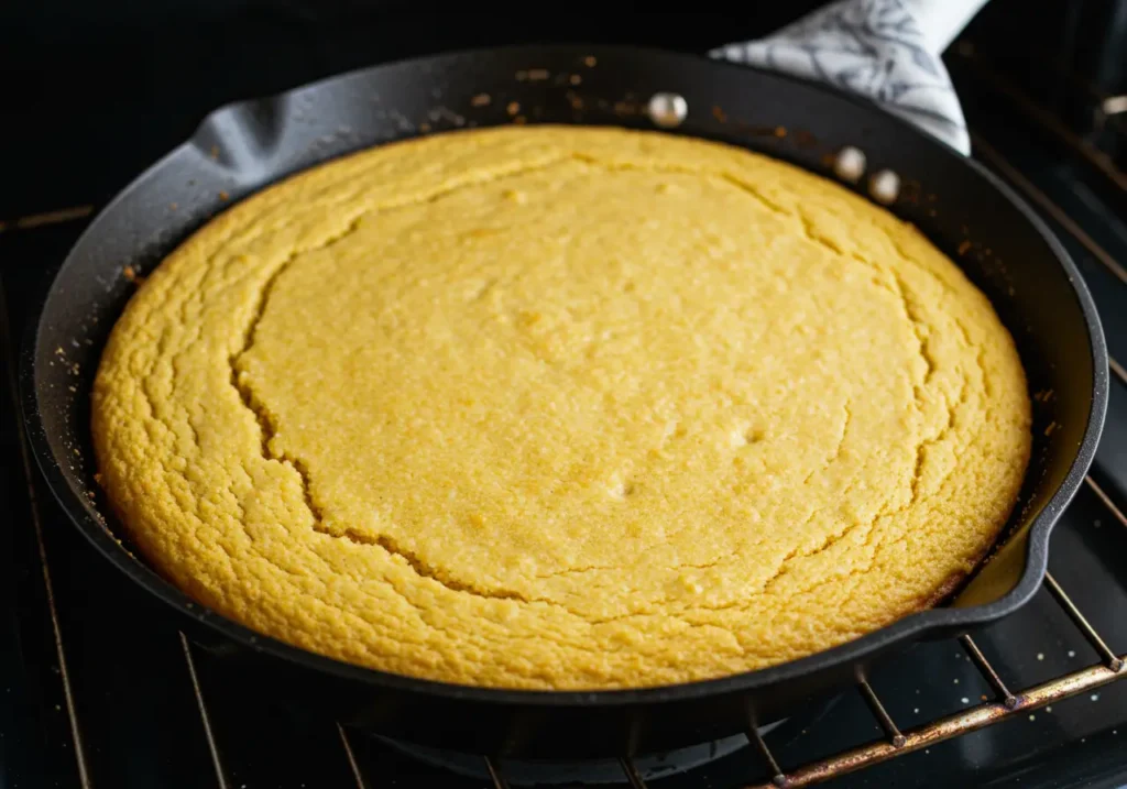 Golden brown cornbread baked in a cast-iron skillet, cooling slightly after coming out of the oven.