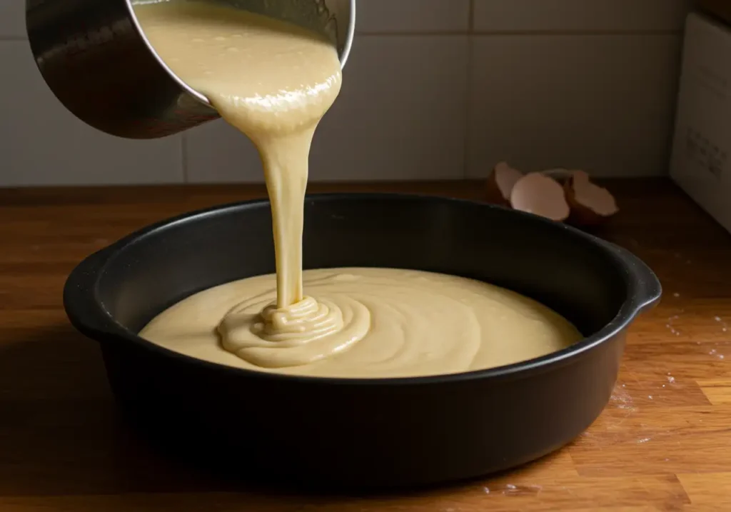 Smooth pancake batter being poured into a prepared baking dish, ready for baking.