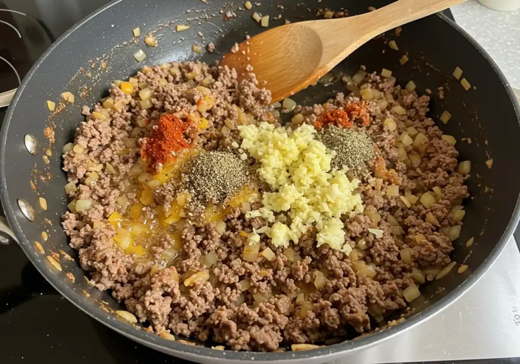 Ground beef browning in a skillet with sautéed onions and garlic, releasing rich, savory aromas.