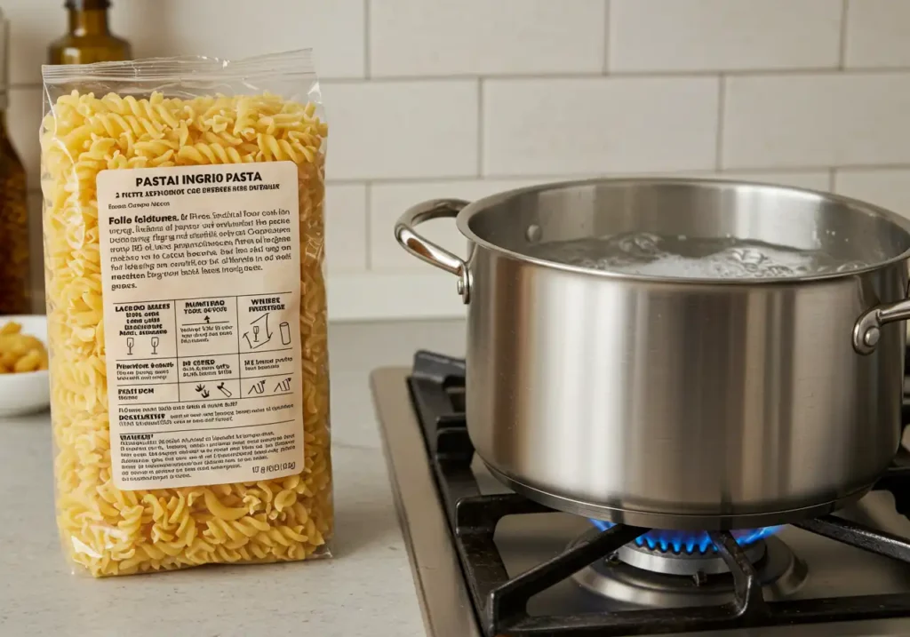 A pot of pasta boiling in salted water, with steam rising from the surface.