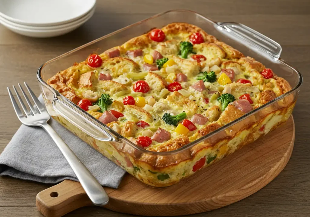 A freshly baked savory bread pudding in a casserole dish, golden brown on top with crispy edges and melted cheese.