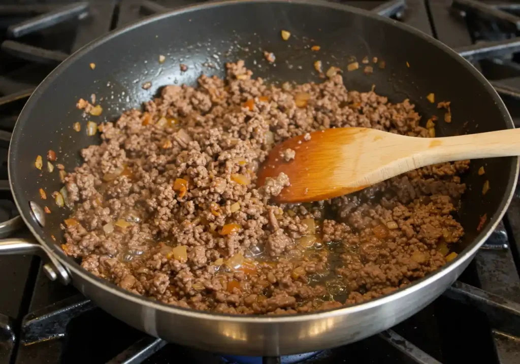 Ground beef cooking in a large skillet, being broken apart with a wooden spoon as it browns.