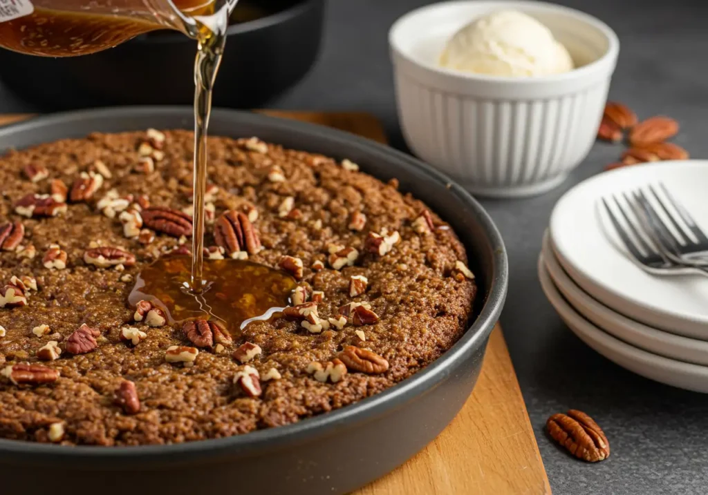 A rich pecan-topped batter with maple syrup and boiling water being poured over, creating a luscious caramel sauce.