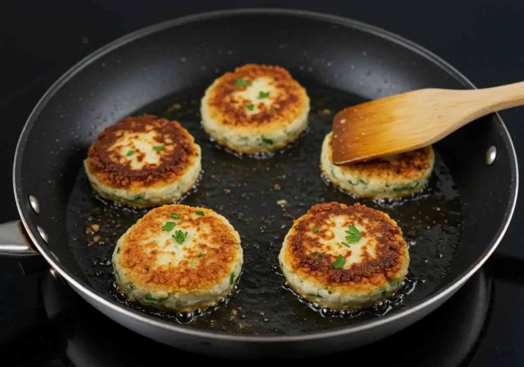 Freshly shaped fishcake patties made from flaky fish and breadcrumbs, resting on a tray before frying.