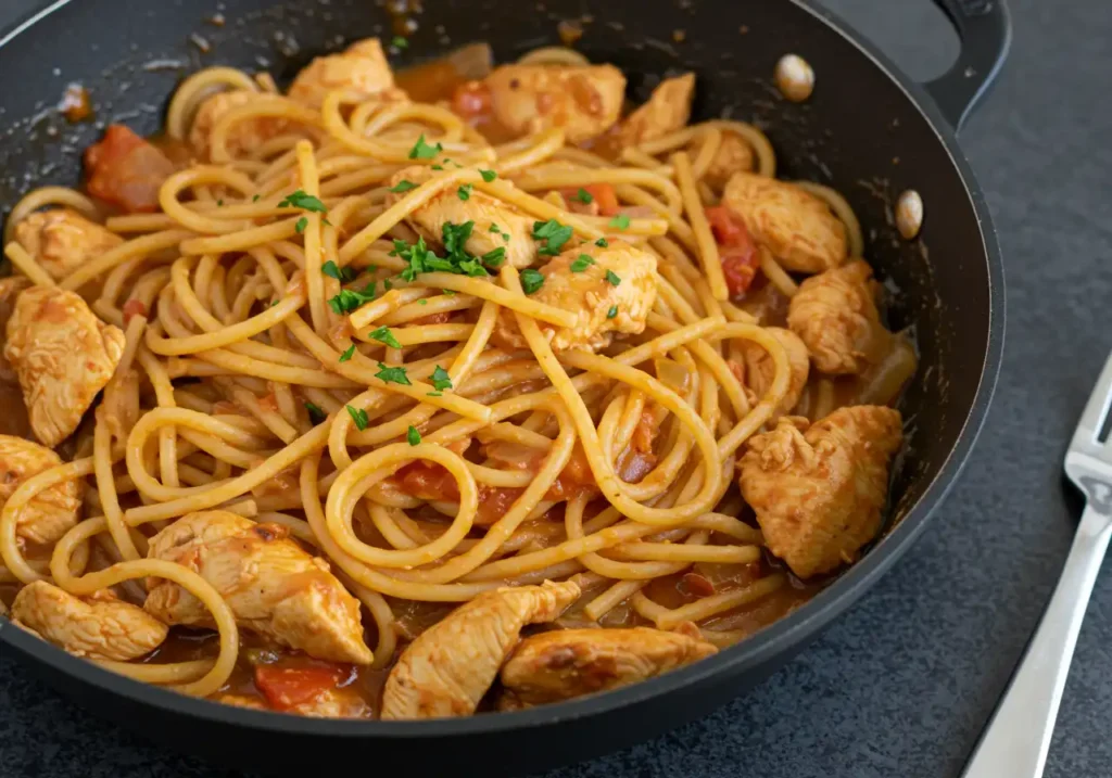 A skillet filled with creamy chicken spaghetti, garnished with fresh parsley and grated Parmesan.