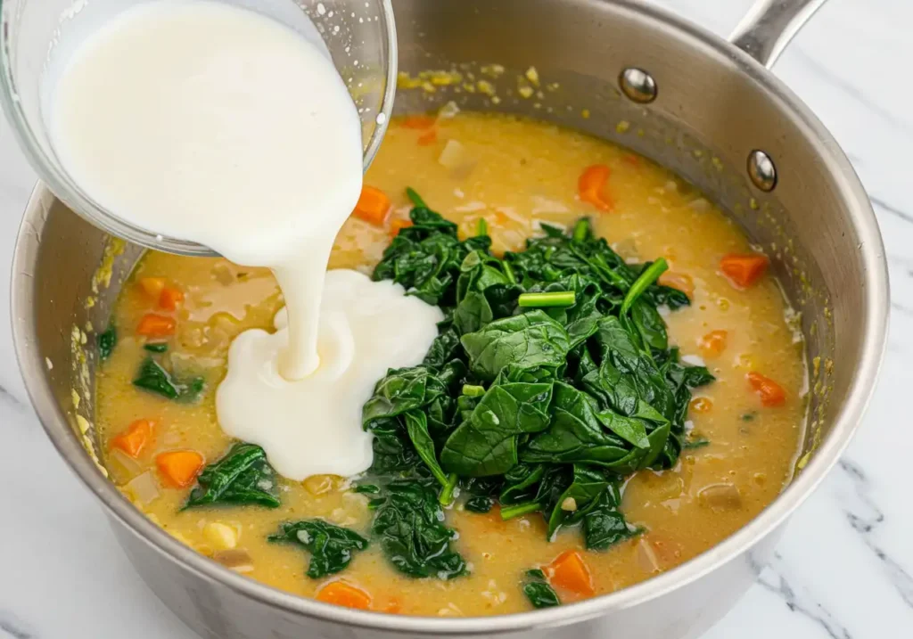 A pot of rich, creamy soup with fresh spinach wilting into the velvety broth