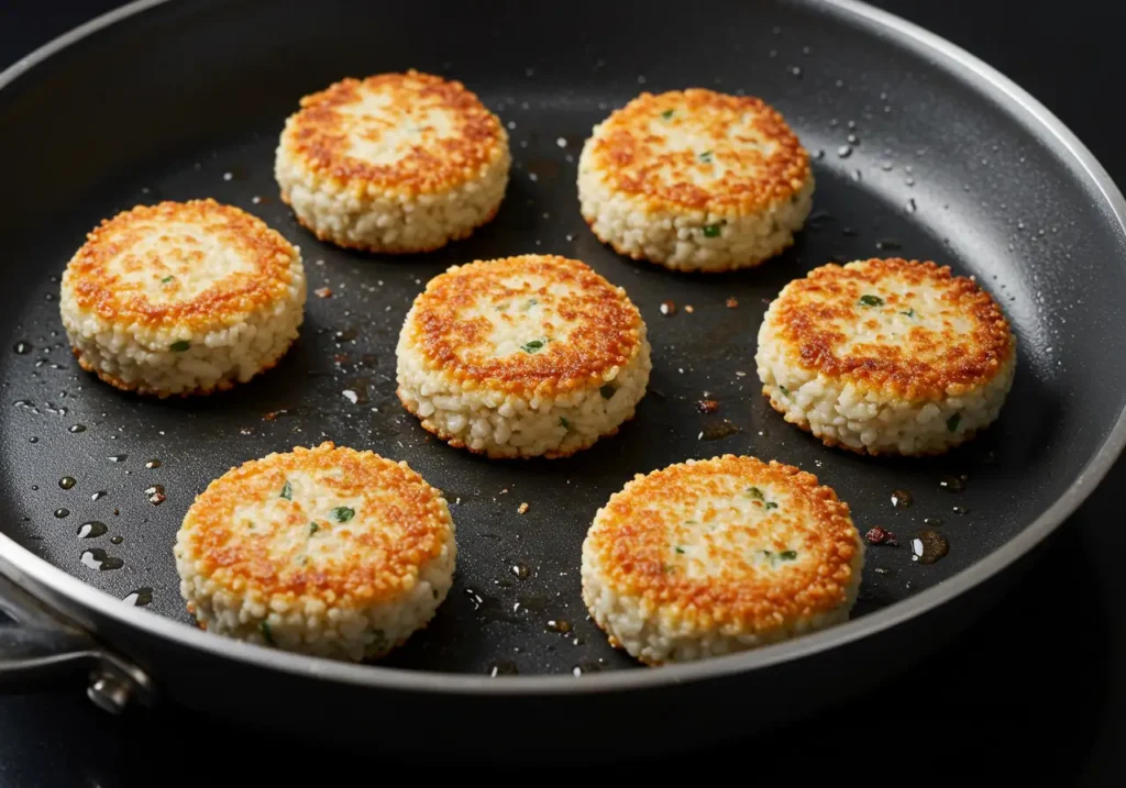 Golden-brown rice cakes sizzling in a pan with a light layer of oil.