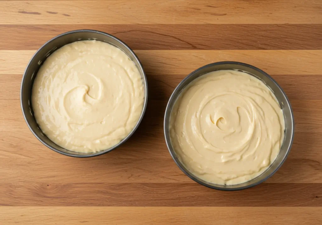 Two cake pans filled with carrot cake batter, ready to be placed in the oven to bake.