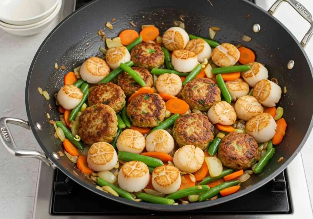 A sizzling wok filled with golden fishcakes, seared scallops, and vibrant stir-fried vegetables, all tossed together in a flavorful sauce.