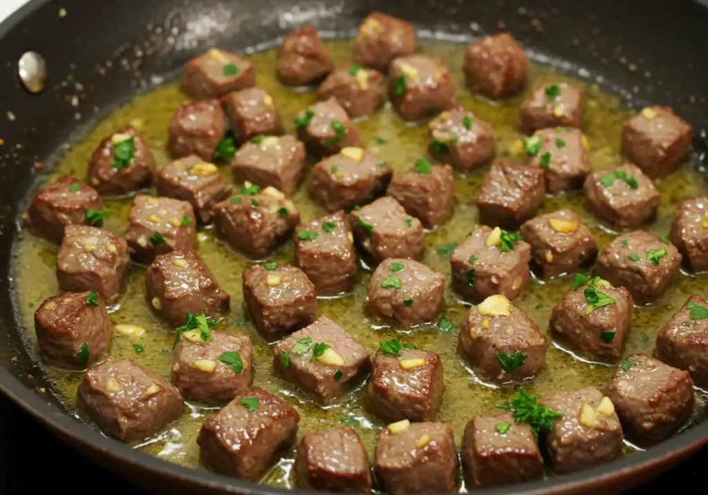 Melted butter sizzling in a pan with minced garlic and red pepper flakes.