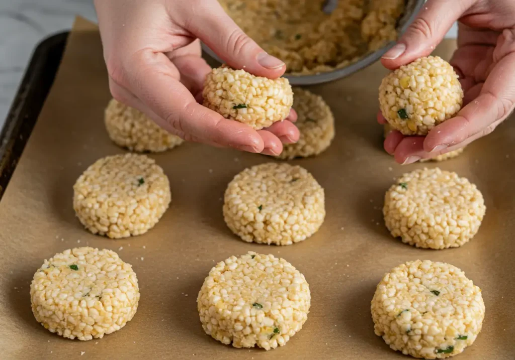 Small rice cakes formed from the mixture, rolled into balls and flattened slightly to shape.