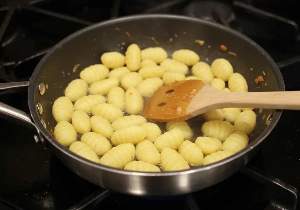 Potato gnocchi floating in a simmering pot of creamy soup