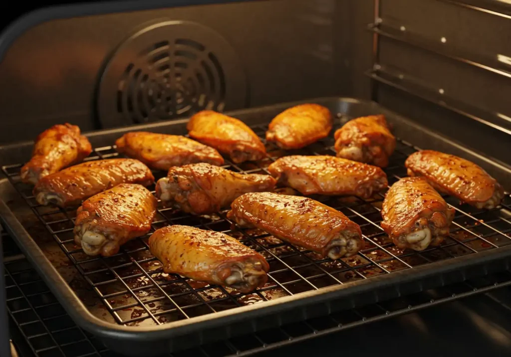 Chicken wings arranged in a single layer on a wire rack, baking to golden perfection.