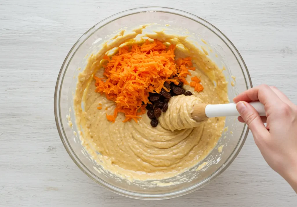 A bowl with grated carrots being folded into cake batter, with optional mix-ins like walnuts, raisins, and coconut on the side.