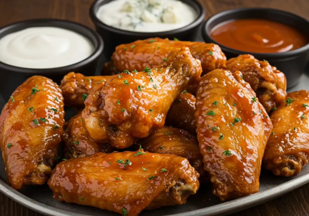 Freshly cooked chicken wings tossed in a glossy, flavorful sauce, served hot with a side of ranch.