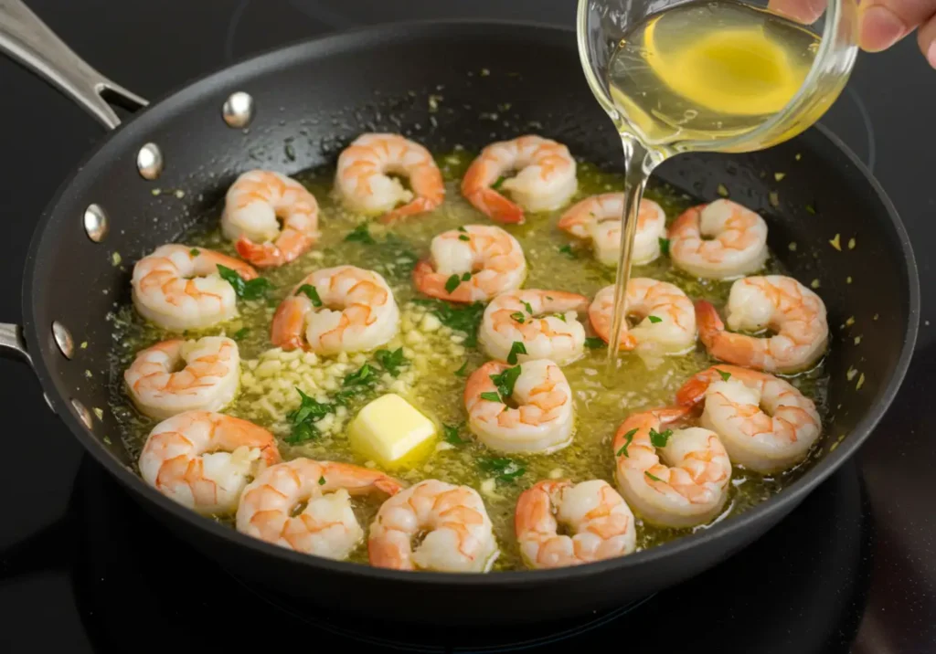 Juicy shrimp sizzling in a skillet with garlic butter sauce, turning pink and opaque with fresh parsley sprinkled on top.