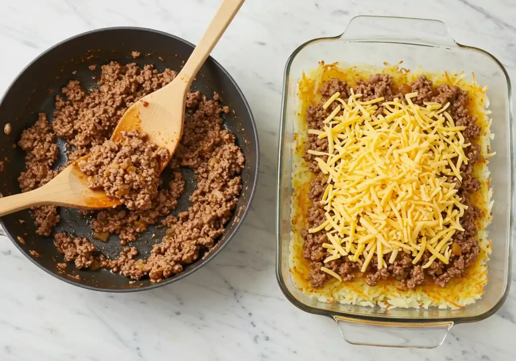 casserole dish with a base layer of hash browns, shredded cheese, and seasoned ground beef being evenly spread on top.