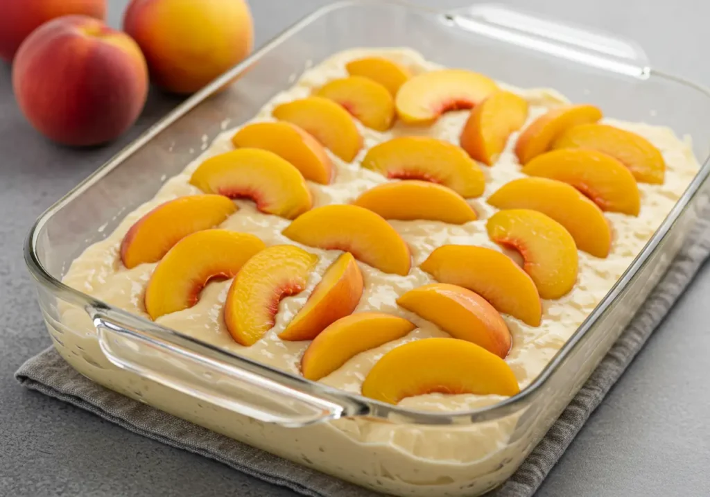 A baking dish with melted butter, batter, and sweetened peaches layered on top, ready to bake.