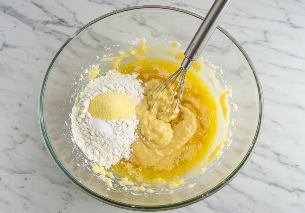 A large mixing bowl filled with cornmeal, flour, and other dry ingredients being whisked, with a separate bowl of wet ingredients ready to be combined.