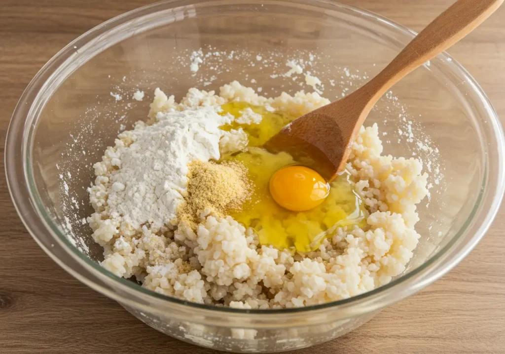 A bowl filled with cooked rice, flour, egg, olive oil, and seasonings being mixed into a thick batter.