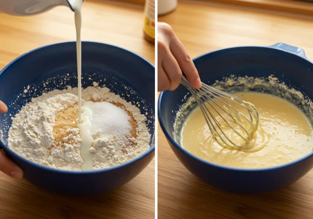 A bowl of flour, sugar, baking powder, and salt being whisked together with milk to create a smooth batter.