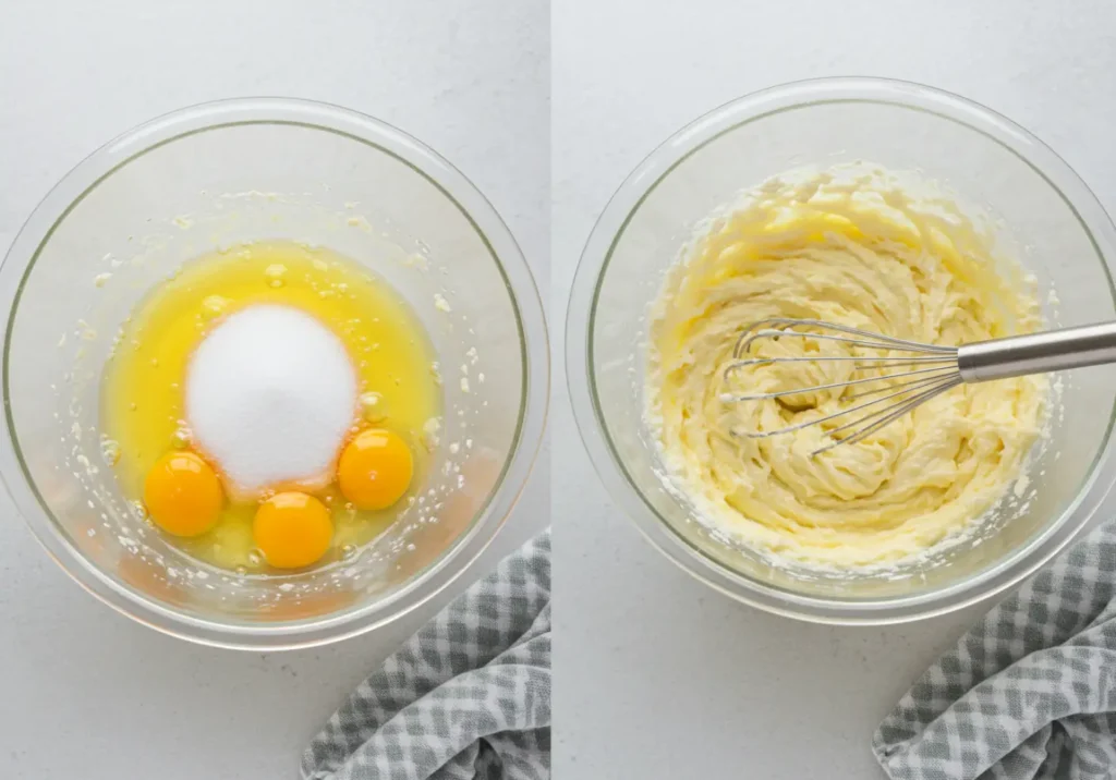 A mixing bowl with eggs, sugar, oil, and vanilla extract being whisked together until smooth.