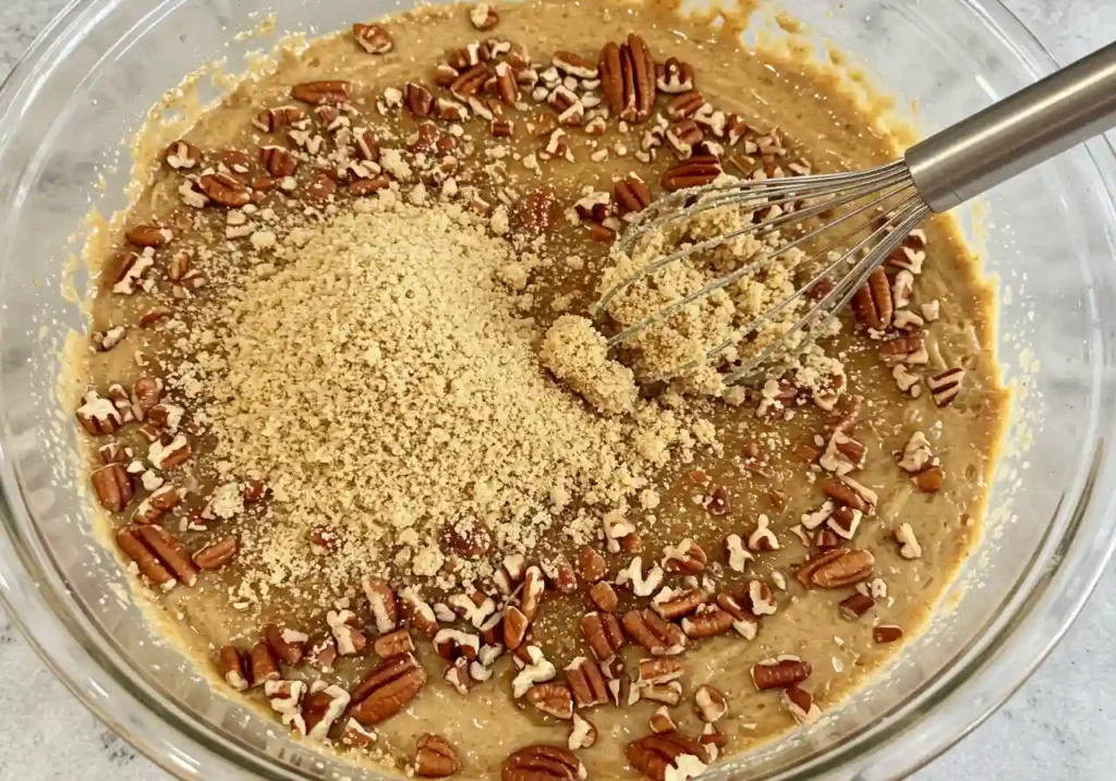 Chopped pecans and a sugar mixture being sprinkled evenly over batter in a baking dish.