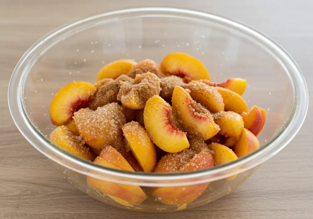 A bowl of freshly sliced peaches mixed with sugar, cinnamon, nutmeg, vanilla, and lemon juice, ready to be used in a peach crumble.