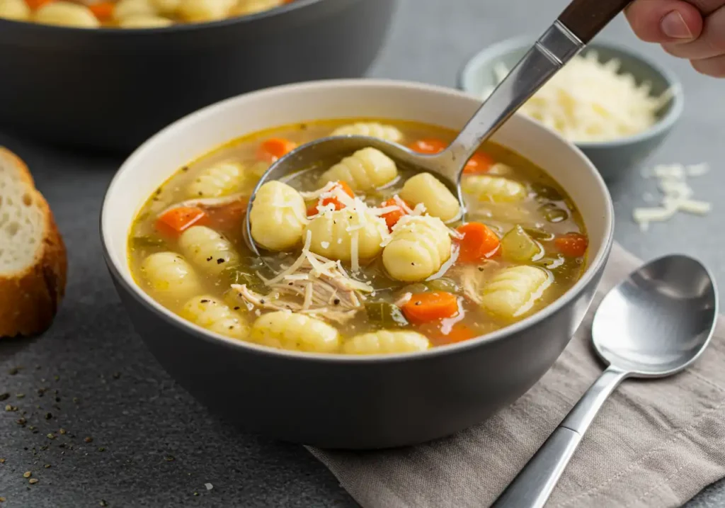 A steaming bowl of creamy Chicken Gnocchi Soup topped with freshly grated Parmesan and a sprinkle of black pepper.