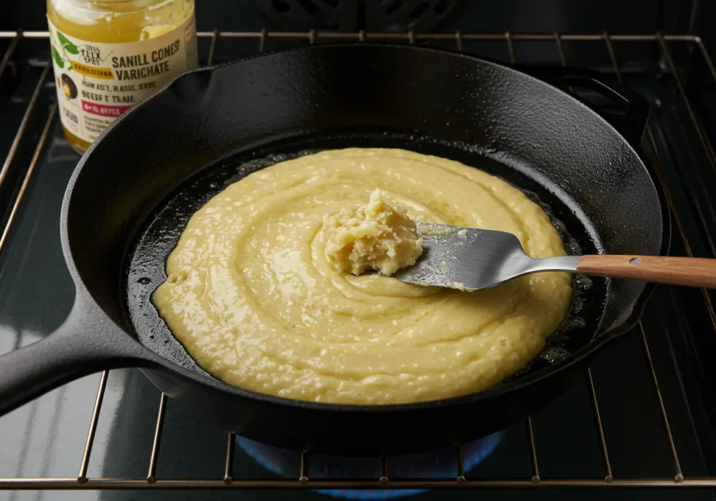 A cast-iron skillet with melted beef tallow being swirled before pouring in the cornbread batter.