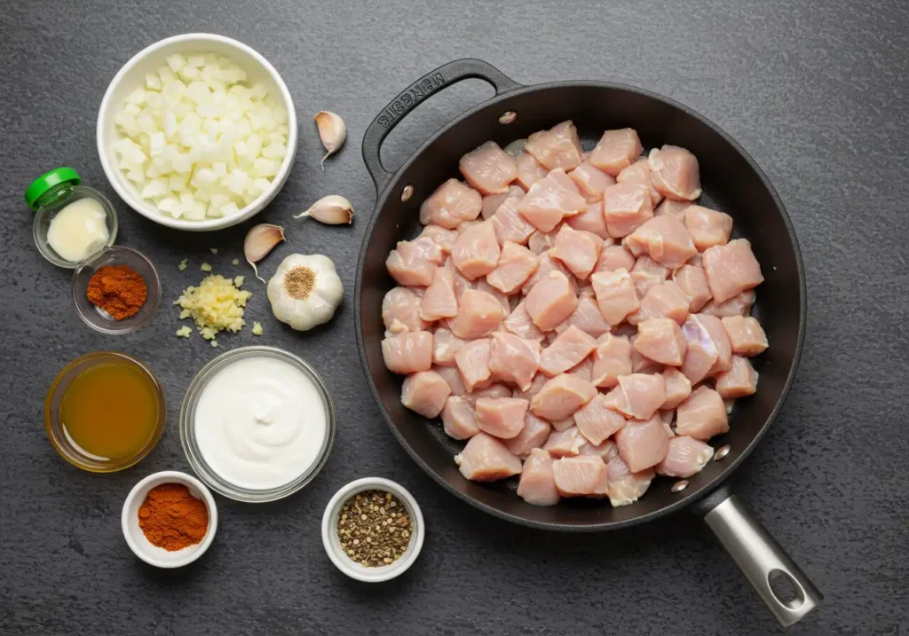 Chopped chicken, minced garlic, diced onions, and measured spices neatly arranged on a wooden cutting board.