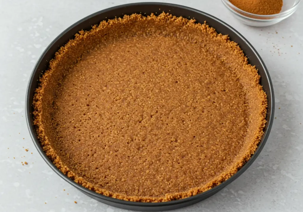 A springform pan with a pressed graham cracker crust, smoothed evenly with a glass.