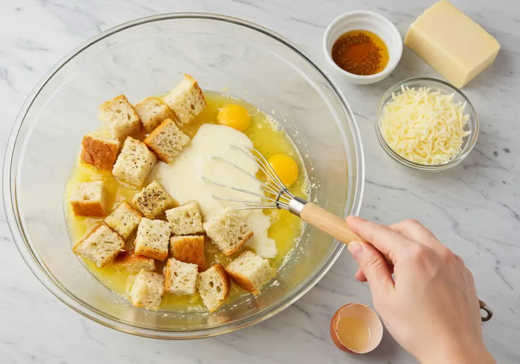 A baking dish filled with cubed bread soaked in a seasoned egg and milk mixture, topped with shredded cheese and fresh herbs.