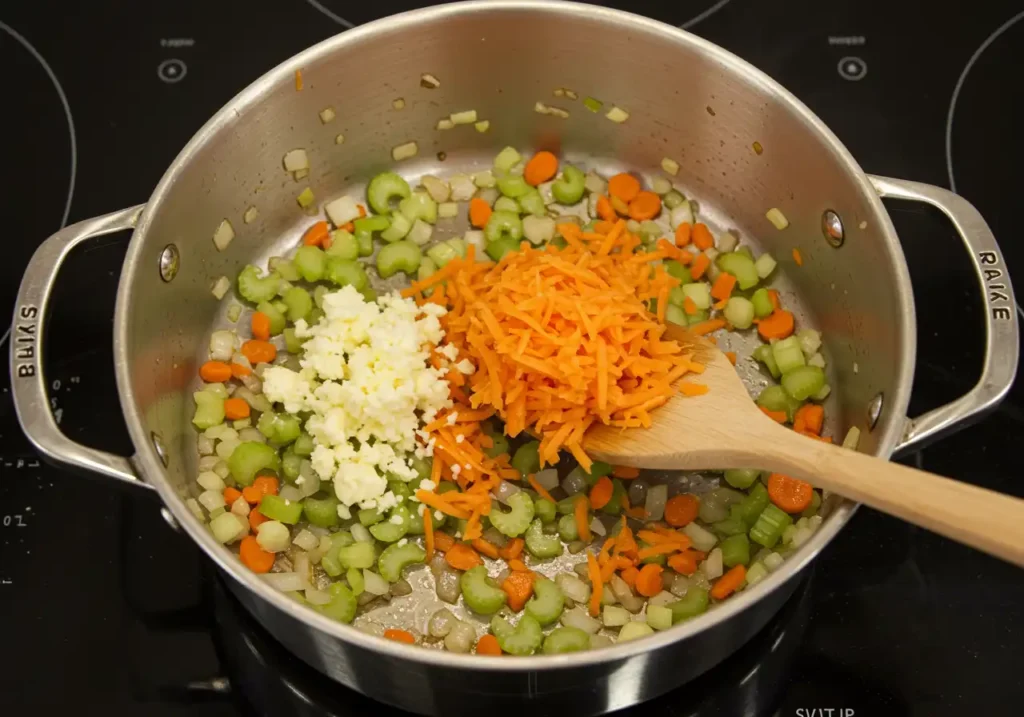 Onions, celery, carrots, and garlic sizzling in a Dutch oven with olive oil