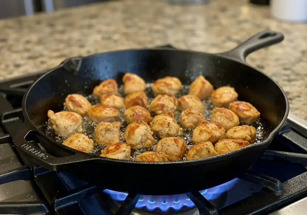 A pot of boiling pasta alongside a skillet with golden-brown seared chicken chunks.