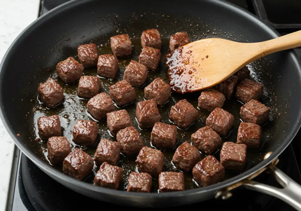 Steak bites sizzling in a hot skillet, forming a golden-brown crust on the edges.