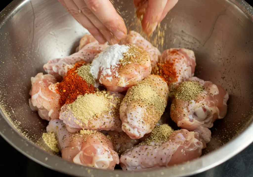 Raw chicken wings coated in a flavorful dry rub, ready for baking.