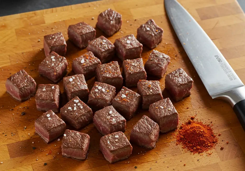 Raw steak bites on a plate, seasoned with salt, pepper, and paprika, ready to be cooked.