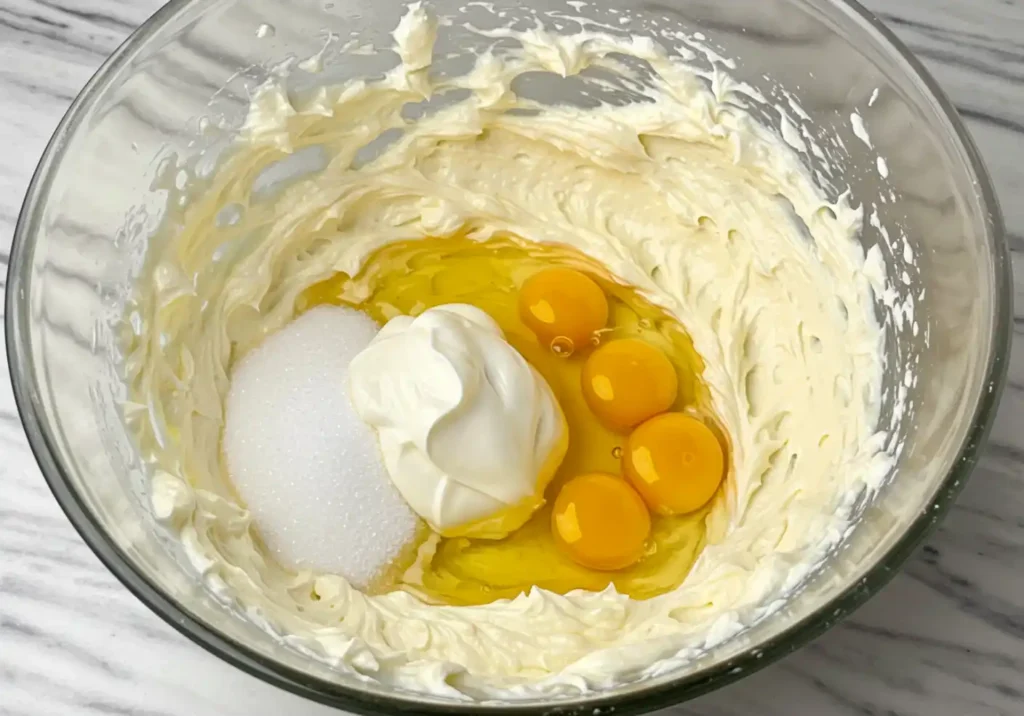 A mixing bowl with whipped cream cheese, sugar, eggs, and vanilla being blended to a smooth consistency.