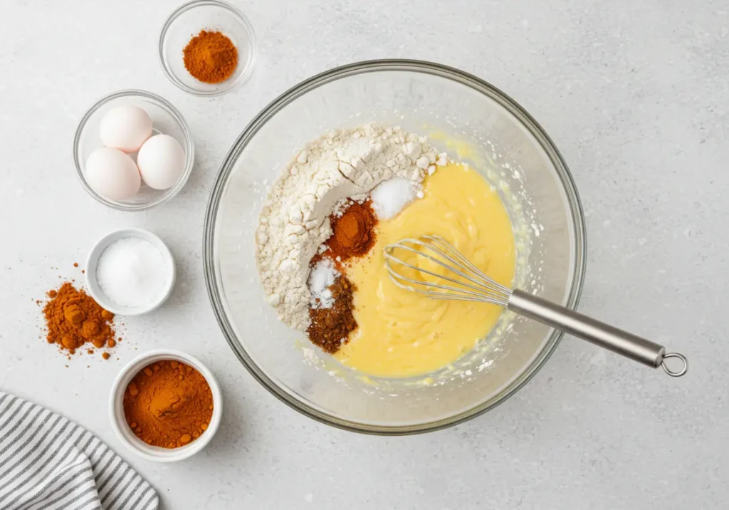 A mixing bowl filled with flour, baking powder, baking soda, salt, and spices, with a whisk blending the ingredients together.