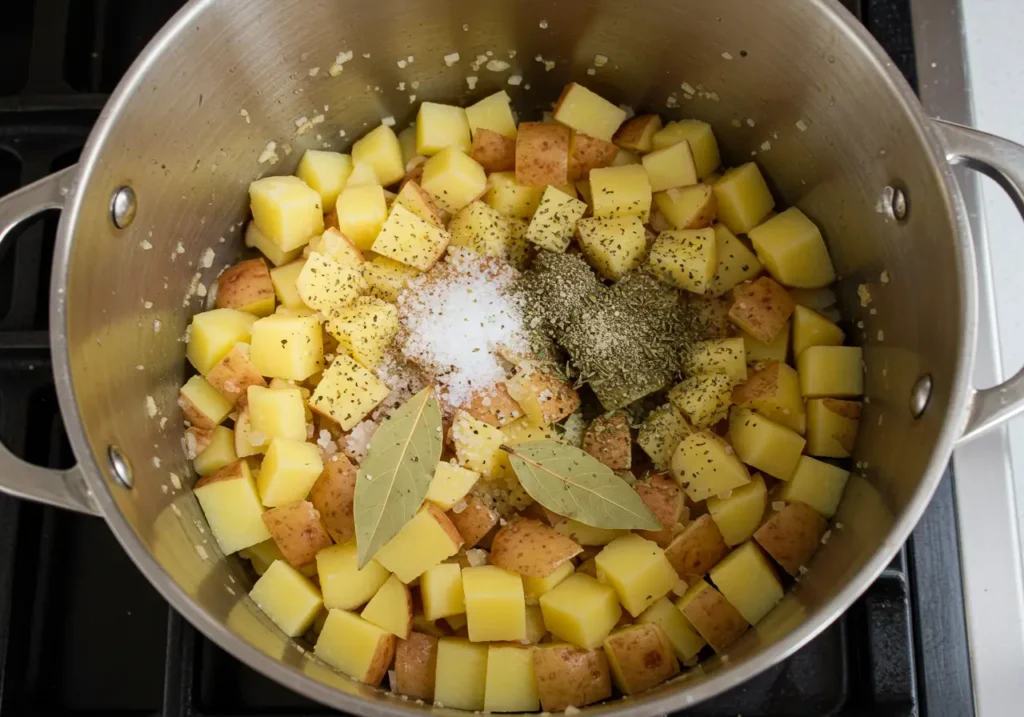 Diced potatoes cooking in a pot with seasonings like thyme, black pepper, and a bay leaf, absorbing rich flavors.