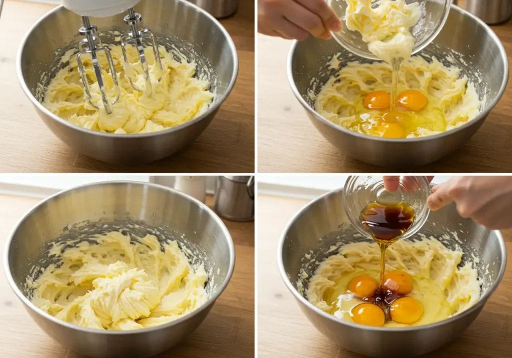 Butter and sugar being beaten together in a large bowl until light and fluffy, followed by adding eggs and vanilla extract.