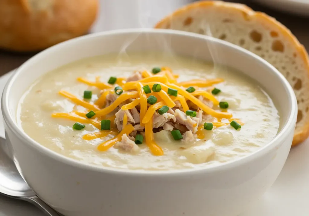 A bowl of creamy potato soup garnished with fresh parsley, served with crusty bread on the side.